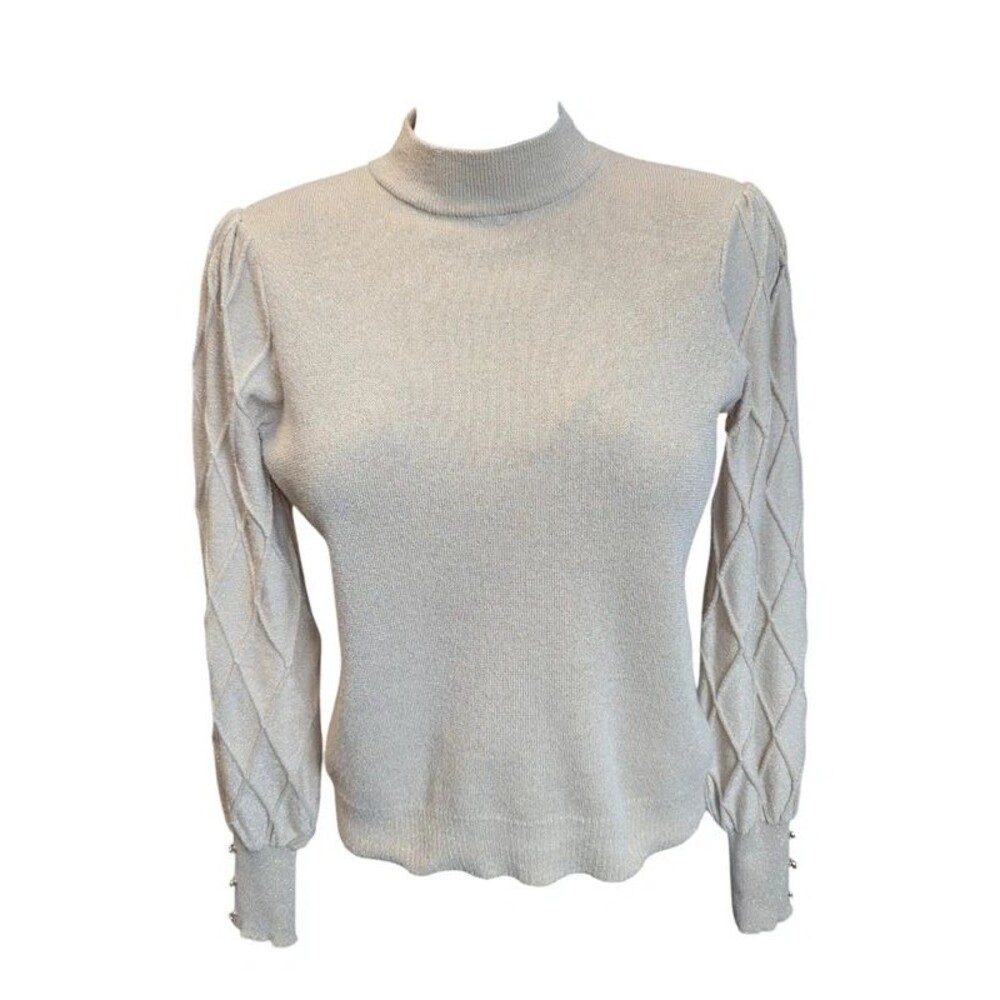 Nanette Lepore Sparkly Cream Gold Textured Diamond Sleeve Sweater Size S